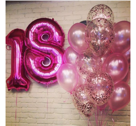 Розовое восемнадцатилетние ( Цифра 18 +  5 шаров с конфетти + 7 шаров без рисунка)